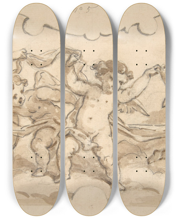 Triptych art skateboard deck of Julesedmondcharles Lachaise Putti At Play_2 by Jules-Edmond-Charles Lachaise (1897)