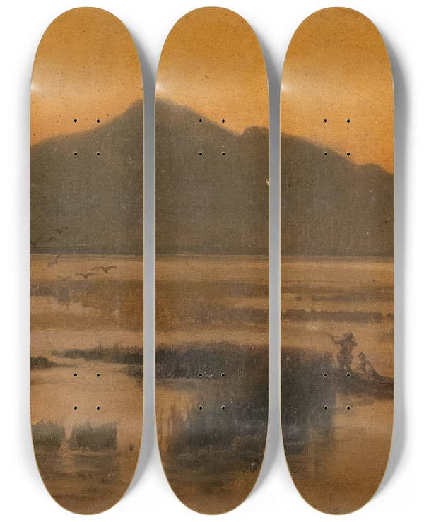 Triptych art skateboard deck of Karl Raupp Evening At Lake Chiemsee by Karl Raupp (1837-1918)
