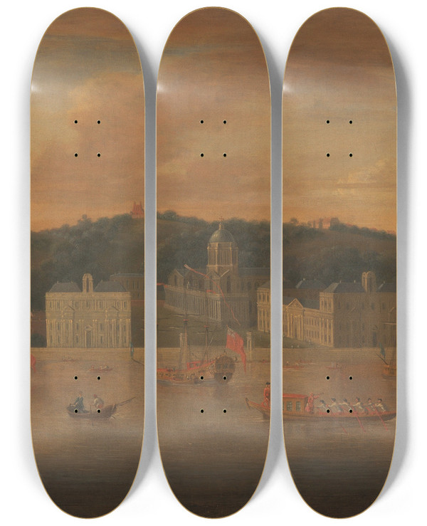 Triptych art skateboard deck of Jan Griffier A View Of Greenwich From The River With Many Boats by Jan Griffier (1648-1718)