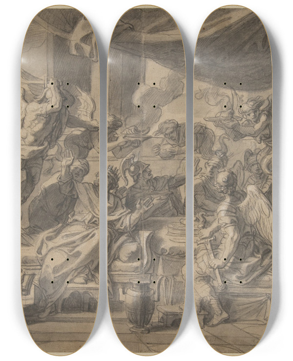 Triptych art skateboard deck of Franoisalexandre Verdier The Harpies Driven From The Table Of King Phineus By Zetes And Calais by Franois-Alexandre Verdier (1651-1730)