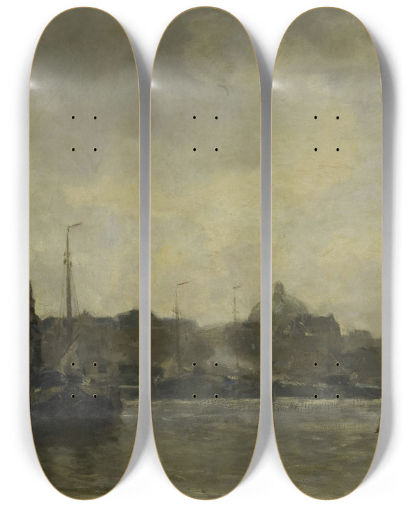 Triptych art skateboard deck of Jacob Maris Stadsgezicht by Jacob Maris (1837-1899)