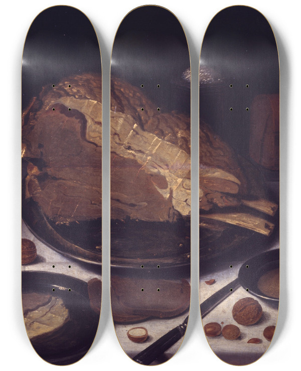 Triptych art skateboard deck of Floris Van Schooten Breakfast by Floris Van Schooten (1590-1655)