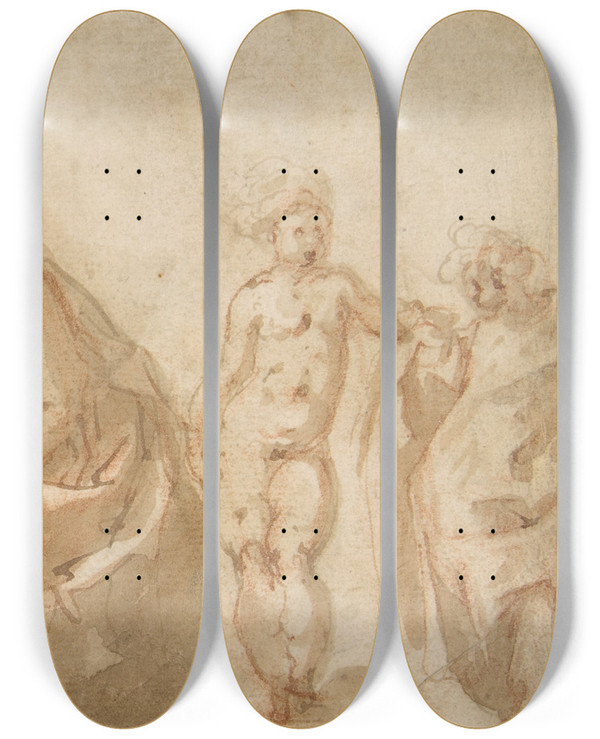 Triptych art skateboard deck of Cesare Pollino The Holy Family With Attendant Putti by Cesare Pollino (1560-1600)
