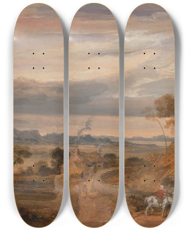 Triptych art skateboard deck of James Ward Landscape With Cottages by James Ward (1769-1859)