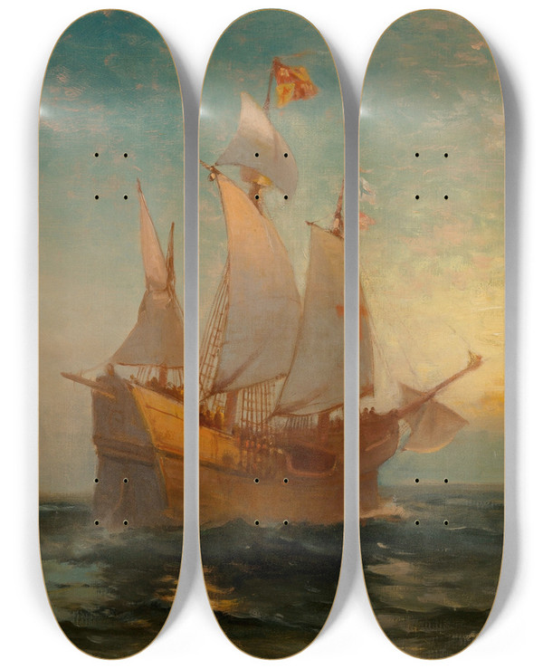 Triptych art skateboard deck of Edward Moran Galleon At Sunset by Edward Moran (1829-1901)