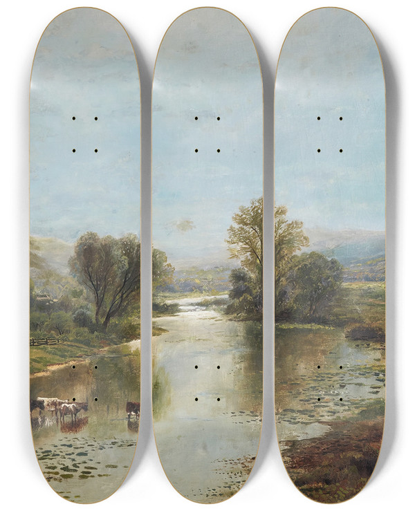 Triptych art skateboard deck of Edmund Darch Lewis Panoramic Landscape With Farms River Cows And Mountains by Edmund Darch Lewis (1835-1910)