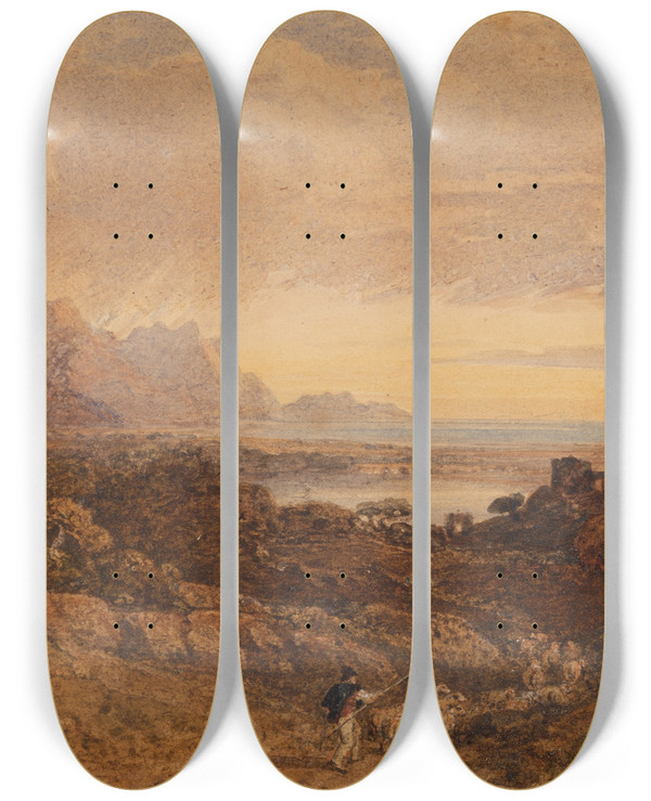 Triptych art skateboard deck of John Varley Romantic Landscape With Distant Mountains by John Varley (1778-1842)