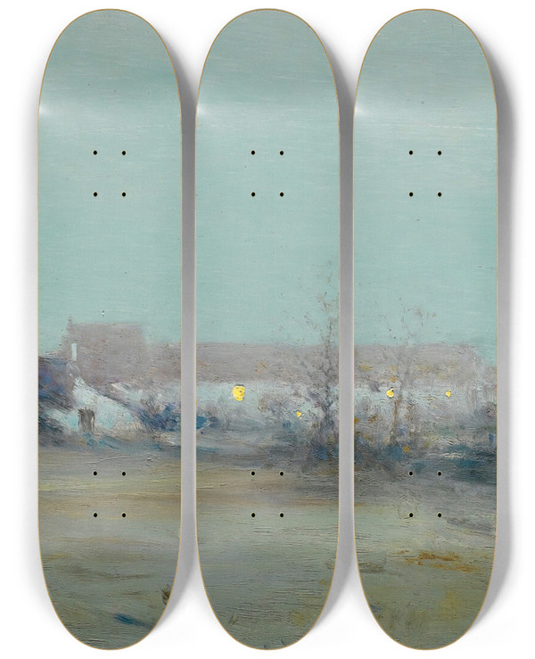Triptych art skateboard deck of Ivan Pavlovich Pokhitonov Farm At Dusk by Ivan Pavlovich Pokhitonov (1851-1924)