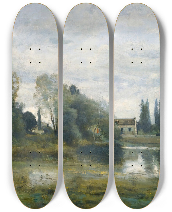 Triptych art skateboard deck of Jeanbaptistecamille Corot Ville Davray Labreuvoir Des Chevaux by Jean-Baptiste-Camille Corot (1796-1875)