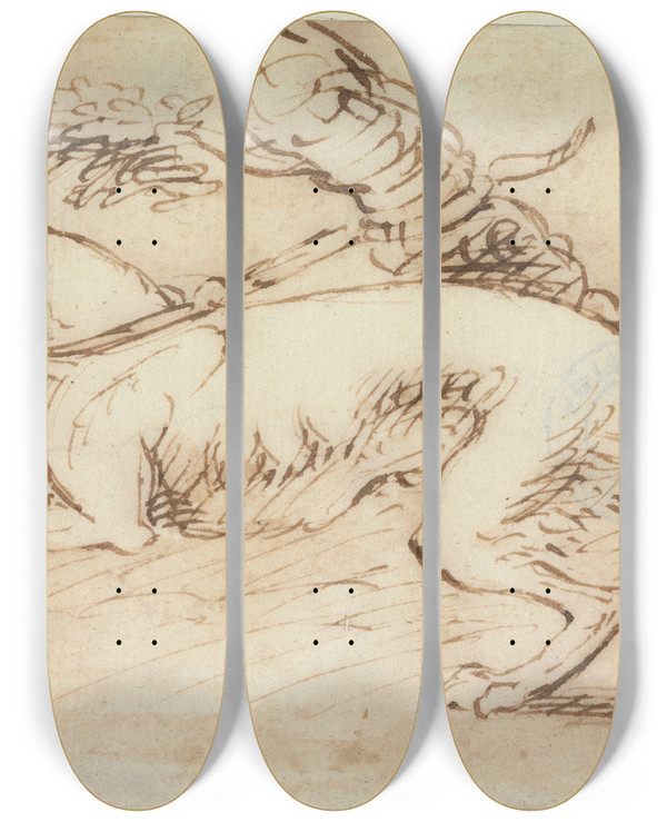 Triptych art skateboard deck of James Seymour A Hound Tethered To A Tree Stump by James Seymour (1697-1752)