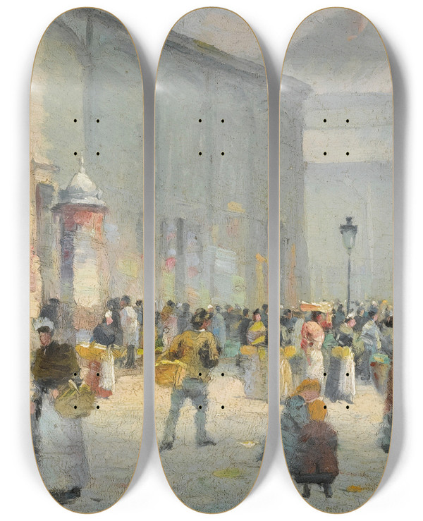 Triptych art skateboard deck of Lon Lematre Les Halles Paris by Leon Lemaitre (1850-1905)