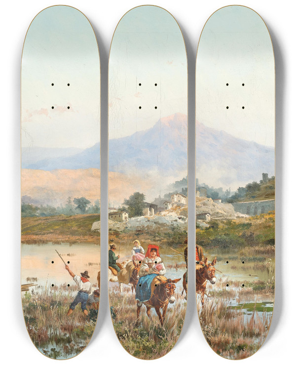 Triptych art skateboard deck of Pietro Barucci A Fishermans Family By Lake Fucino by Pietro Barucci (1845-1917)