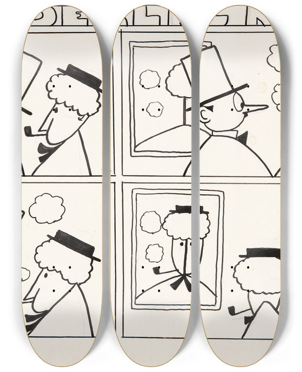 Triptych art skateboard deck of Robert Storm Petersen Et Blad Af Serien En Underlig Mand by Robert Storm Petersen (1882-1949)