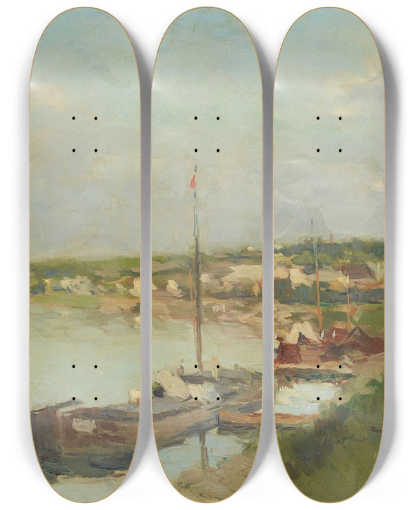 Triptych art skateboard deck of Albert Lebourg La Seine Au Basmeudon by Albert Lebourg (1849-1928)