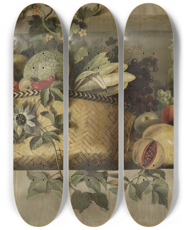 Triptych art skateboard deck of Jacob Van Campen Stilleven Met Vruchten En Bloemguirlandes by Jacob Van Campen (1596-1657)