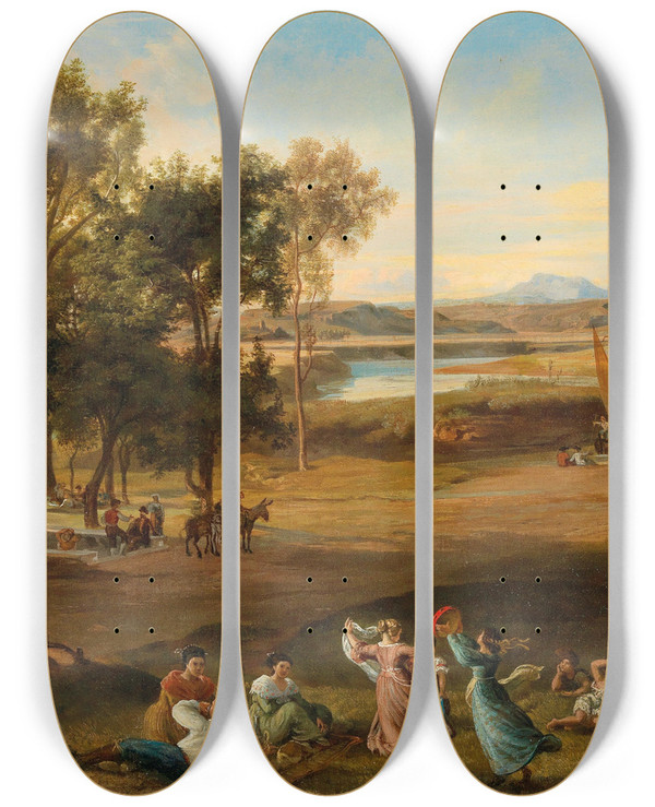 Triptych art skateboard deck of Josef Hoffmann An Idyllic Southern Landscape by Josef Hoffmann (1831-1904)