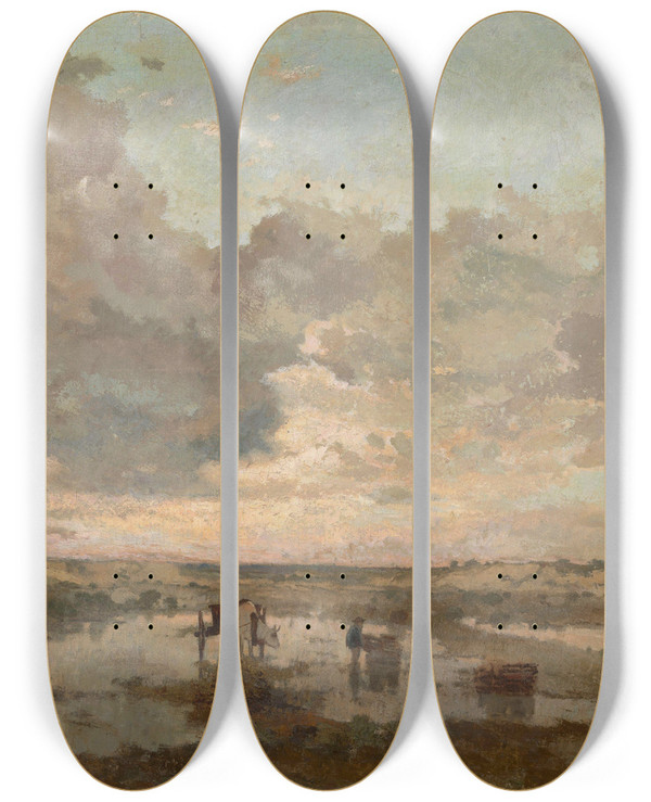 Triptych art skateboard deck of Adrienjoseph Heymans Sunset On The Heath by Adrien-Joseph Heymans (1839-1921)