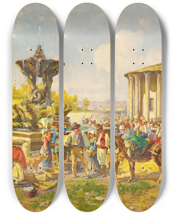 Triptych art skateboard deck of Pietro Barucci The Temple Of Vesta Rome by Pietro Barucci (1845-1917)