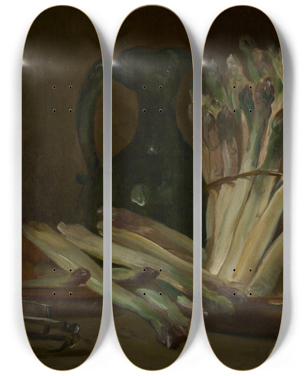 Triptych art skateboard deck of Philippe Rousseau Still Life With Asparagus by Philippe Rousseau (1816-1887)
