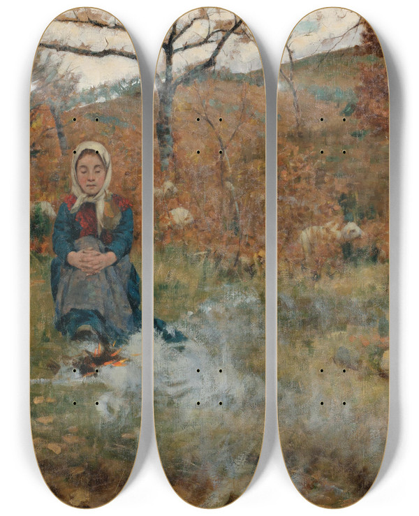 Triptych art skateboard deck of Niccol Cannicci A Shepherdess With Her Flock by Niccolo Cannicci