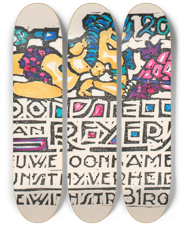 Triptych art skateboard deck of Reijer Stolk Aankondiging Van Een Tentoonstelling Van Reijer Stolk In Rotterdam by Reijer Stolk (1896-1945)