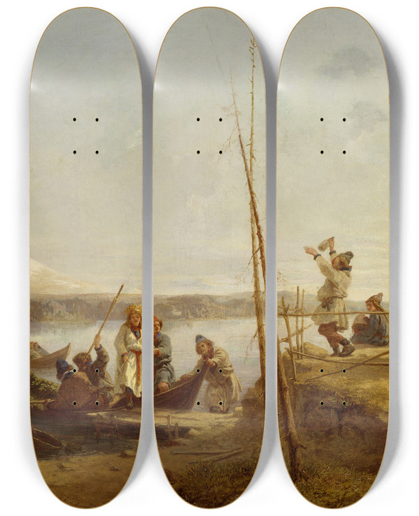 Triptych art skateboard deck of Johan Fredrik Hckert Bridal Homecoming At Lake Hornavan_2 by Johan Fredrik Hockert (1826-1866)