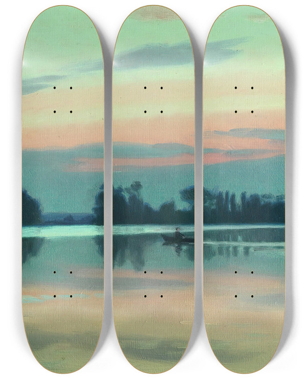 Triptych art skateboard deck of Charles Guilloux Fisherman On A River At Dawn by Charles Guilloux (1866-1946)