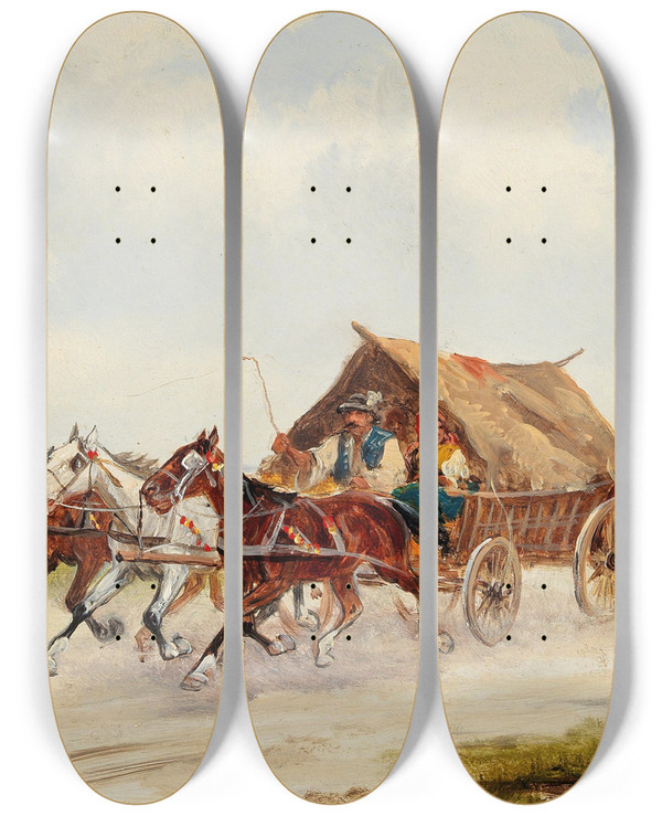 Triptych art skateboard deck of Alfred Steinacker Partie Auf Der Landstrae by Alfred Steinacker (1838-1914)
