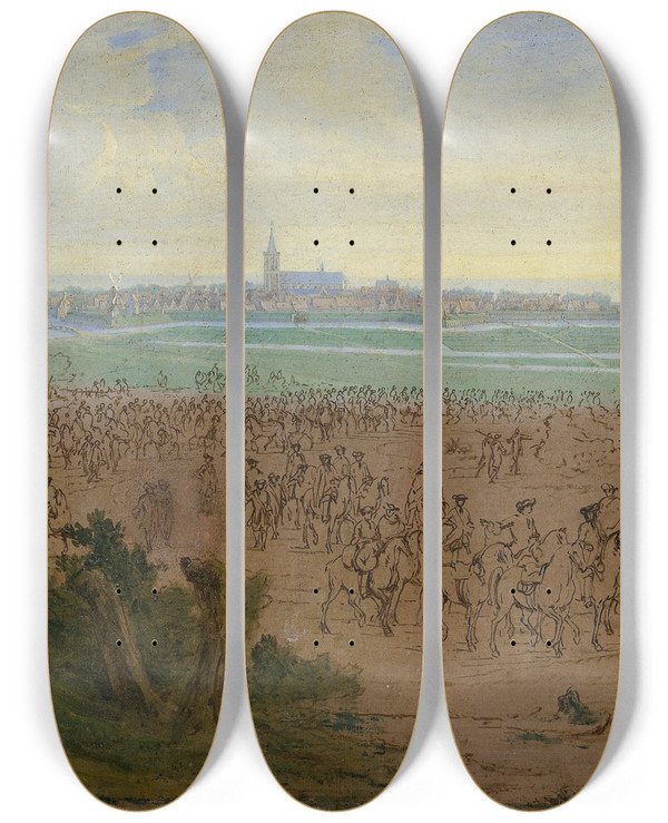 Triptych art skateboard deck of Adam Frans Van Der Meulen The Troops Of Louis Xiv Before Naarden 20 July 1672 by Adam Frans van der Meulen (1632-1690)