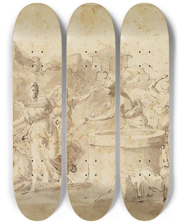 Triptych art skateboard deck of Nicolas Poussin Moses Verteidigt Die Tchter Des Jethro Am Brunnen by Nicolas Poussin (1594-1665)
