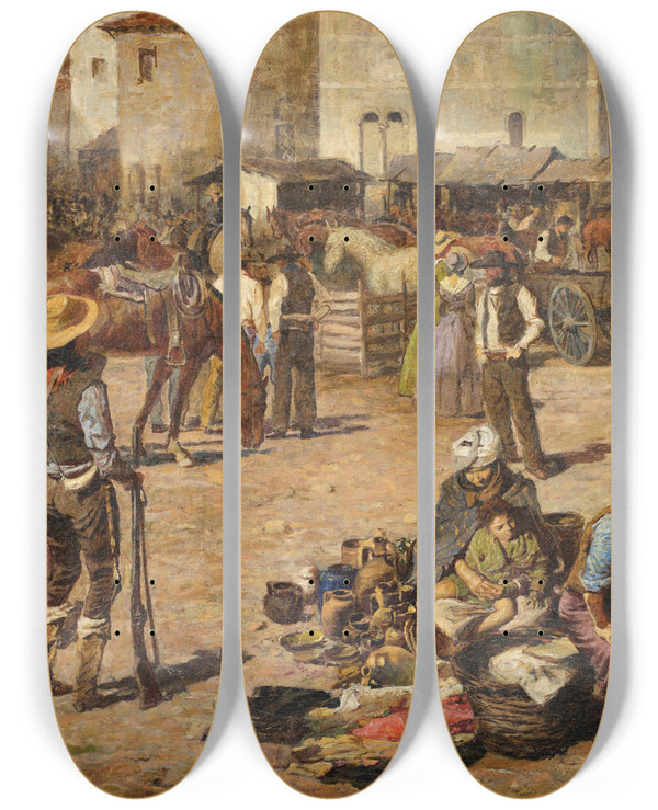 Triptych art skateboard deck of Juan Garca At The Market by Juan Garcia