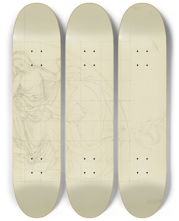 Triptych art skateboard deck of Gustav Heinrich Naecke The Three Fates_1 by Gustav Heinrich Naecke (1786-1835)