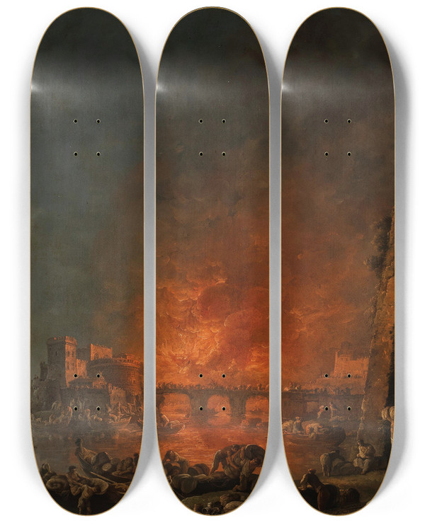 Triptych art skateboard deck of Carlo Bonavia Explosion In A Harbour by Carlo Bonavia (1751-1788)