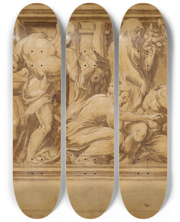 Triptych art skateboard deck of Lelio Orsi Design For A Frieze With Worshipers Bringing Sacrificial Offerings by Lelio Orsi (1511-1587)