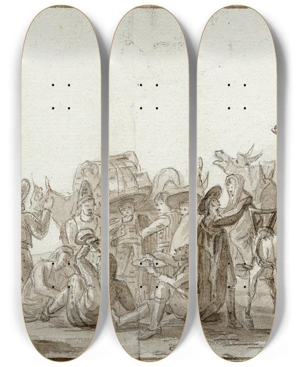 Triptych art skateboard deck of Otto Howen Groep Rustende Reizigers by Otto Howen (1774-1848)