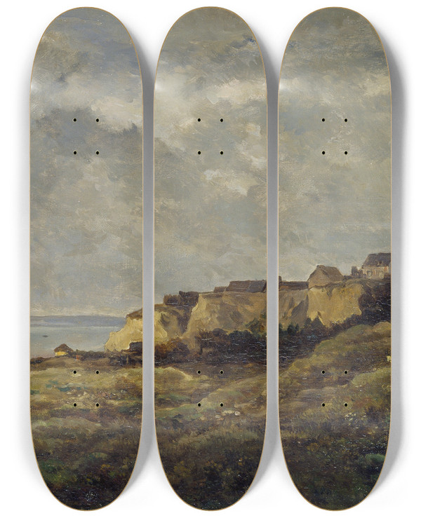 Triptych art skateboard deck of Charles Franois Daubigny Coastal Landscape In Normandy Villervillesurmer by Charles Francois Daubigny (1817-1878)