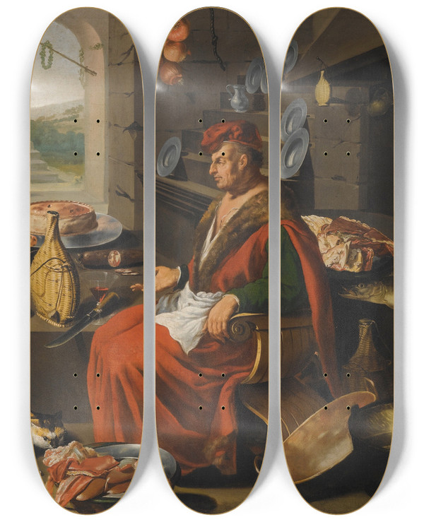 Triptych art skateboard deck of Italoflemish School A Kitchen Interior With A Chef And His Assistant Surrounded By Meats And Cooking Instruments A Fireplace To The Right by Italo-Flemish School