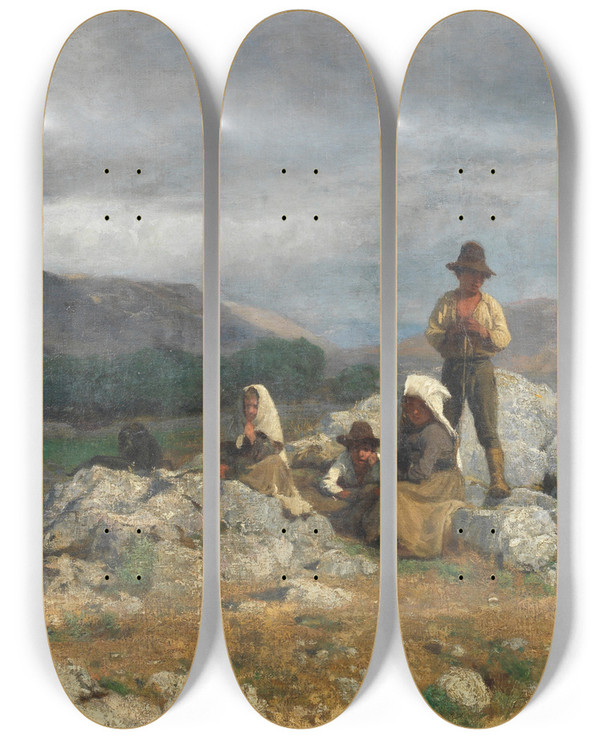 Triptych art skateboard deck of Giuseppe Palizzi Tending The Herd by Giuseppe Palizzi (1812-1888)