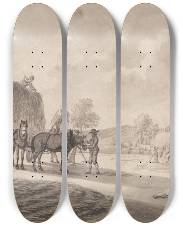 Triptych art skateboard deck of Heinrich W Schweickhardt Haymaking by Heinrich W. Schweickhardt