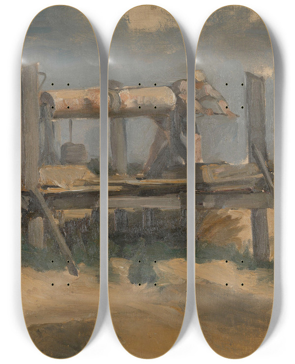 Triptych art skateboard deck of Edouard Agneessens Drilling A Well Sketch by Edouard Agneessens (1842-1885)