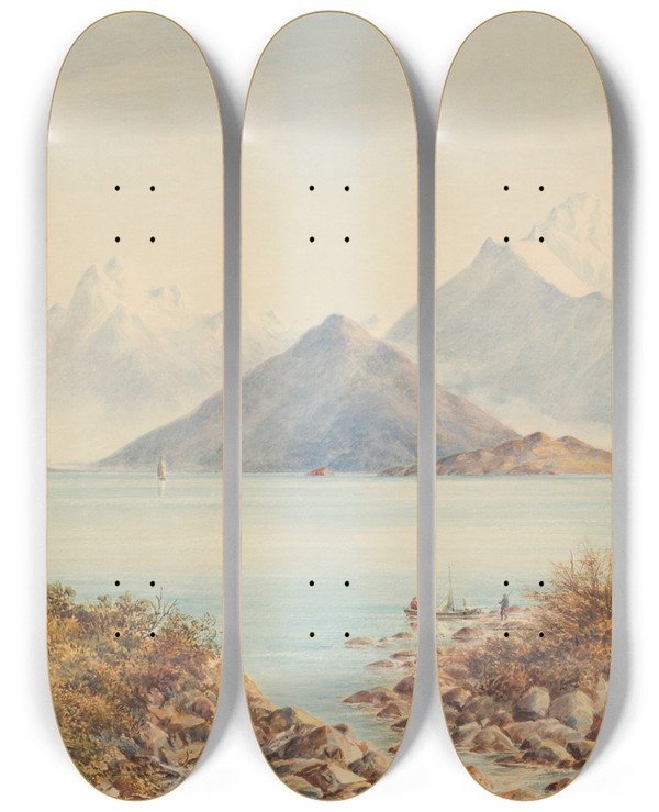 Triptych art skateboard deck of Charles Decimus Barraud Southern Lake by Charles Decimus Barraud (1822-1897)
