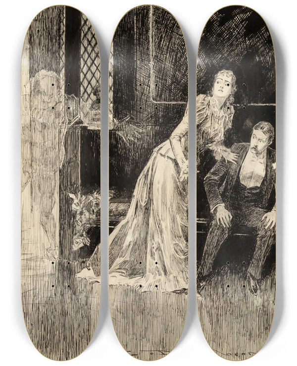 Triptych art skateboard deck of Charles Dana Gibson The Ghosts by Charles Dana Gibson (1867-1944)