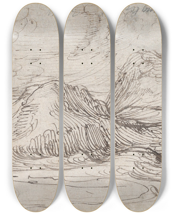 Triptych art skateboard deck of Cornelis Claesz Van Wieringen A Mountainous Landscape Near A River With A Horsedrawn Barge And Several Figures by Cornelis Claesz. van Wieringen (1577-1633)