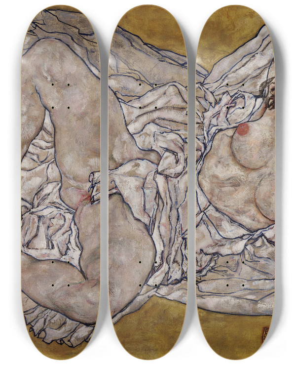 Triptych art skateboard deck of Egon Schiele Reclining Woman by Egon Schiele (1890-1918)