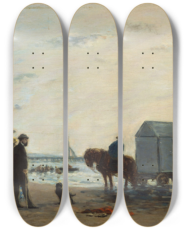Triptych art skateboard deck of Eugne Boudin On The Beach At Trouville by Eugene Boudin (1824-1898)