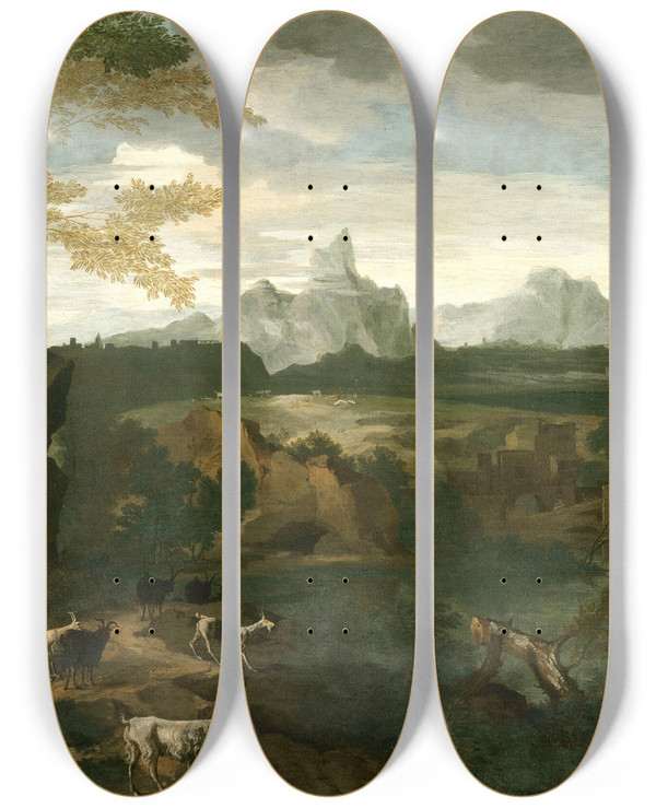 Triptych art skateboard deck of Gaspard Dughet Landscape With A Herdsman And Goats by Gaspard Dughet (1615-1675)