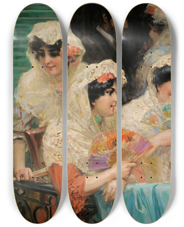 Triptych art skateboard deck of Ulpiano Checa The Balcony by Ulpiano Checa (1860-1916)