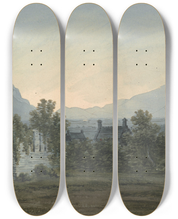 Triptych art skateboard deck of John Warwick Smith The Ruins Of Cymer Abbey On The Mawddach River by John Warwick Smith (1749-1831)