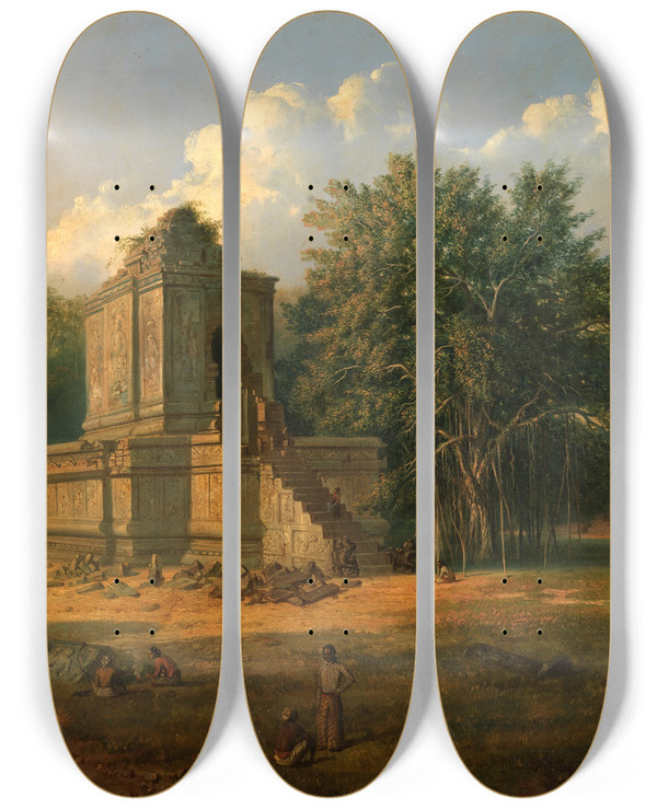 Triptych art skateboard deck of Raden Saleh Javanese Temple In Ruins by Raden Saleh (1811-1880)
