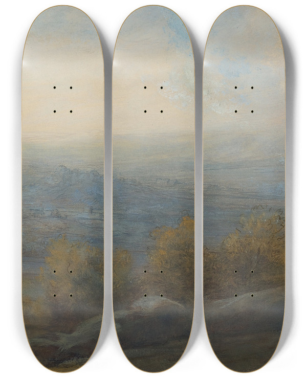 Triptych art skateboard deck of Alphonse Legros Mountain Landscape With Two Figures At The Right by Alphonse Legros (1837-1911)